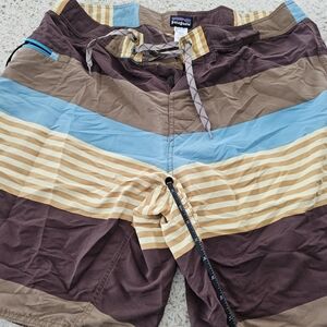 Patagonia Men's Striped Swim Shorts - Brown and Blue